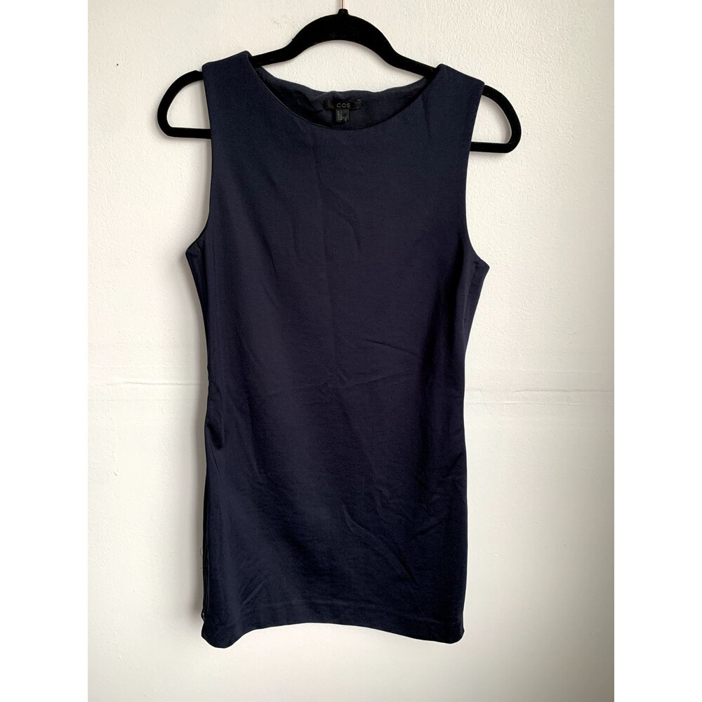 COS Navy Shift Dress Small Sleeveless Minimalist Zipper Detail Modern Workwear - Picture 2 of 10